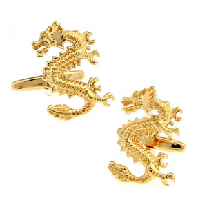 Dragon Cufflinks Chinese Feng Shui Strength Gold Plate Groom Best Man Groomsmen Wedding Father's Day Gift