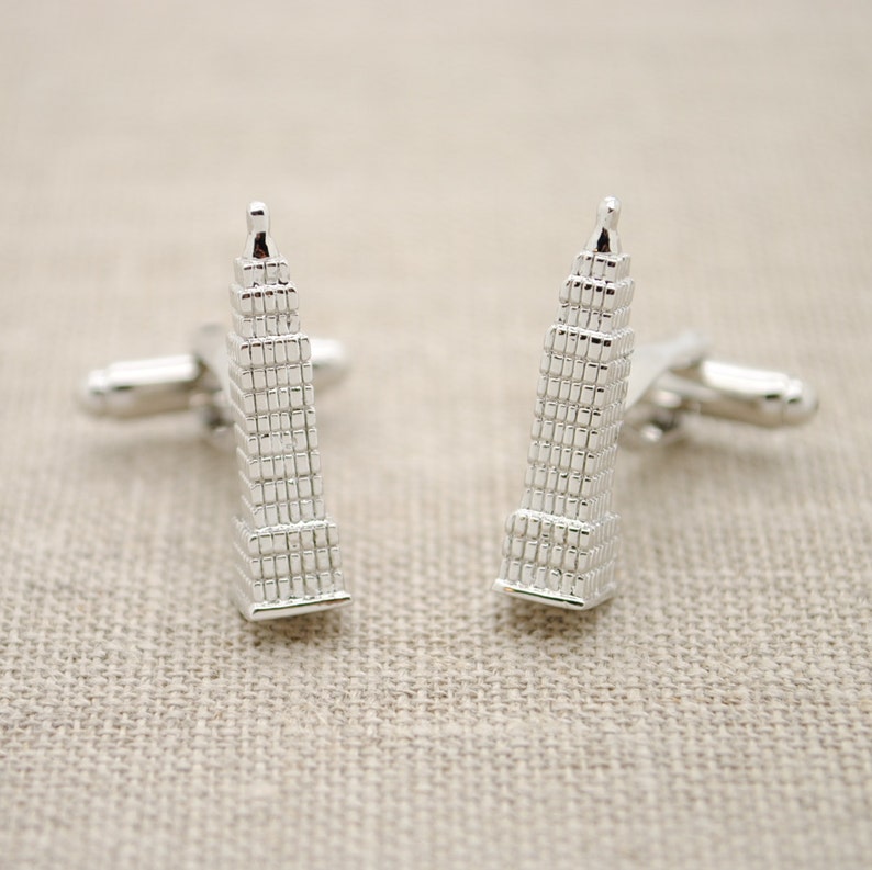 Empire State Building Cufflinks Enamel Silver Tone Skyscraper New York Wedding Groom Best Man Gift