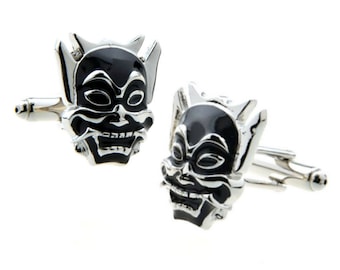 Samurai Mask Cufflinks Oni Mempo Devil Demon Japanese Warrior Black Groom Wedding Father's Day Gift