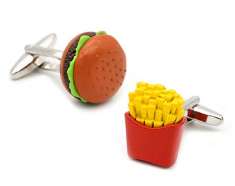 Hamburger and French Fries Cufflinks Funny Burger Fast Food Groom Wedding Groomsman Father's Day Gift