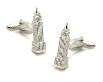 Empire State Building Cufflinks Enamel Silver Tone Skyscraper New York Wedding Groom Best Man Gift