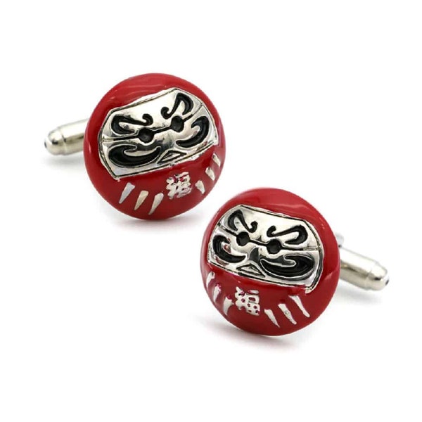 Daruma Cufflinks Round Red Lucky Japanese Doll Icon Zen Buddha Bodhidharma Groom Wedding Father's Day Gift