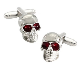 Skull Cufflinks Silver Color with Red Eyes Skeleton Halloween Groom Best Man Groomsmen Wedding Father's Day Gift