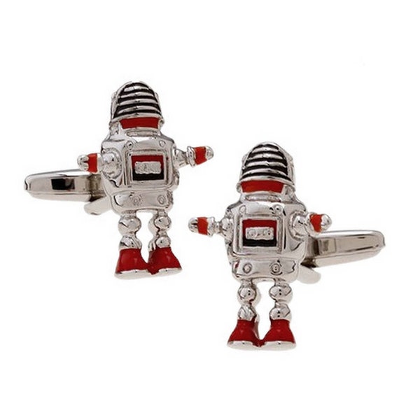 Robot Cufflinks Retro Outer Space Age Red Orange Enamel Accents Tin Toy Style Groom Best Man Groomsmen Wedding Father's Day Gift