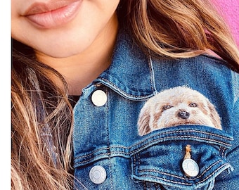 Denim Jacket for women, Handpainted  Dog, Cat, Unique, Mini Portrait, Jean Jacket, Custom Dog Portrait Jacket, Dog Painting, dog mom gift