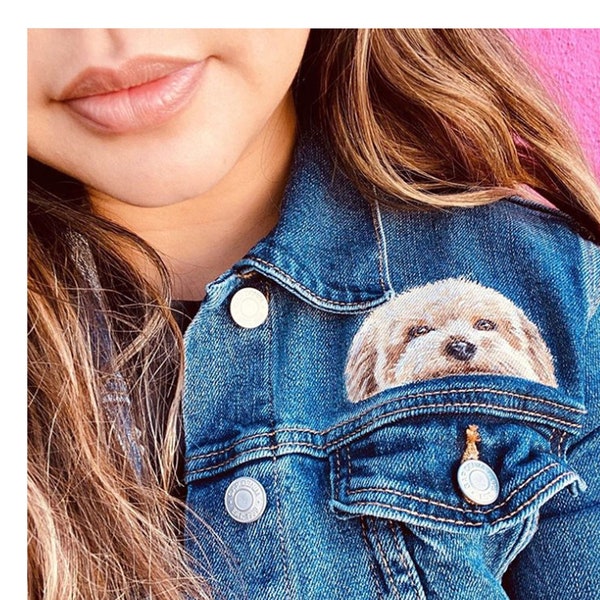 Denim Jacket for women, Handpainted  Dog, Cat, Unique, Mini Portrait, Jean Jacket, Custom Dog Portrait Jacket, Dog Painting, dog mom gift