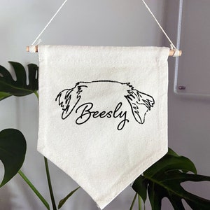Banderín con nombre personalizado para perro, banderín personalizado, banderín de lona, banderín de pared personalizado, banderín con nombre de perro, contorno de oreja de perro, dibujo de línea de oreja de mascota