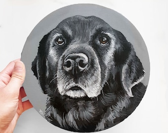 Op maat gemaakt handgeschilderd huisdierportret op rond canvas, acrylverf