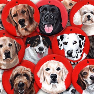May include: A collection of 12 round red ornaments with painted portraits of dogs. Each ornament features a different breed of dog with a unique expression.