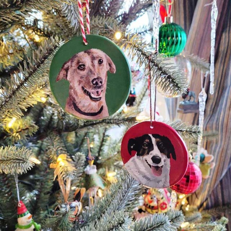 May include: Two round Christmas ornaments with painted portraits of dogs. The ornament on the left is green with a brown and white dog. The ornament on the right is red with a black and white dog.