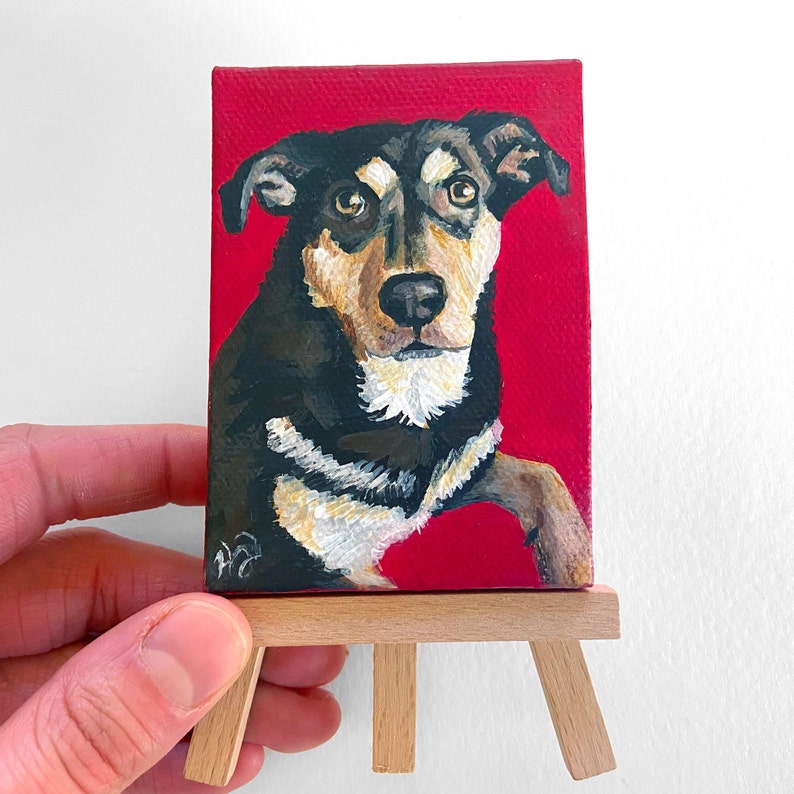 Mini Custom Pet Portrait From Photo, Hand-Painted acrylic, Animal Portrait, Custom Dog Painting, pet painting, custom canvas, small dog gift 2.5x3.5 Naturl Easel