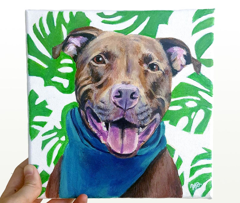 Custom Pet Portrait with background, Acrylic, Dog Portrait, Custom Painting w background, flowers, leaves, handpainted portrait, from photo image 7