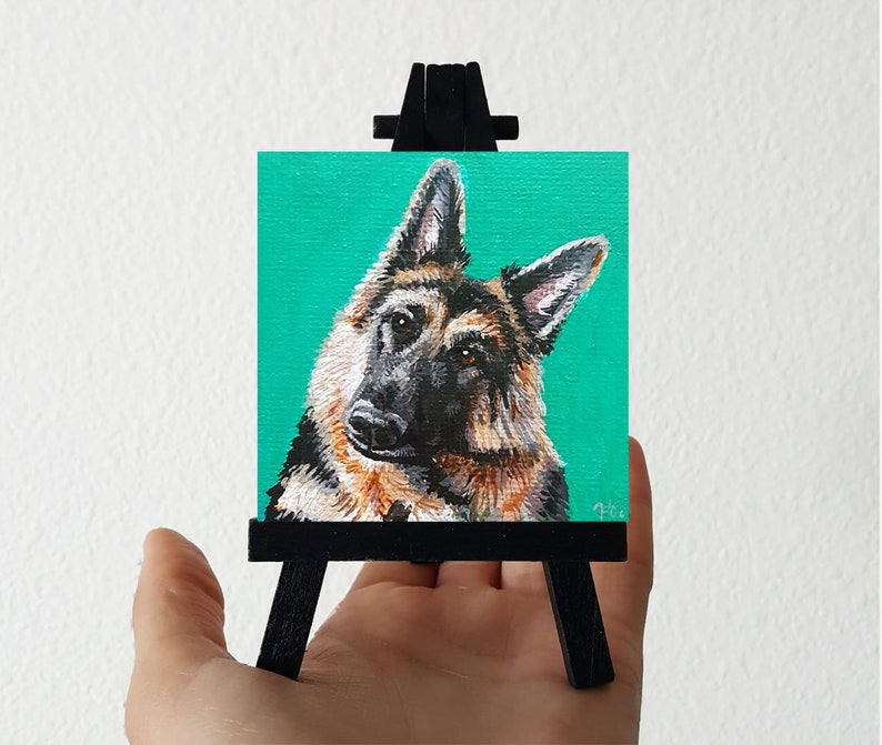 Mini Custom Pet Portrait From Photo, Hand-Painted acrylic, Animal Portrait, Custom Dog Painting, pet painting, custom canvas, small dog gift 2.8x2.8 Blk Easel