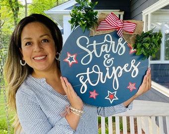 Fourth of July Door Hanger| Fourth of July Decor | American Flag| Round Patriotic Sign| Patriotic Door Wreath| Red White and Blue Decor