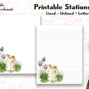 Papelería Bunny Tulips - Papel para escribir cartas - Tamaño carta 8.5x11 - Forrado sin forro - Papel de notas - Imprimible - Descarga instantánea de PDF