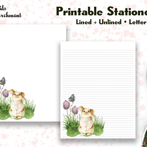 Stationery Bunny Tulips - Letter Writing Paper - Letter Size 8.5x11 - Lined Unlined - Notepaper - Printable - Instant Download PDF