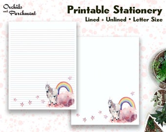 Stationery Rainbow Unicorn - Letter Writing Paper - Letter Size 8.5x11 - Lined Unlined - Printable - Instant Download PDF