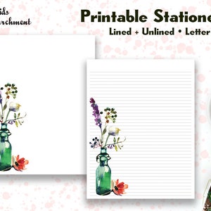 Papelería Forest Bouquet Botella verde - Papel para escribir cartas - Tamaño carta 8.5x11 - Forrado sin forro - Imprimible - Descarga instantánea PDF