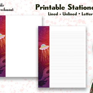 Papelería Space Pink UFO - Papel para escribir cartas - Tamaño carta 8.5x11 - Forrado sin forro - Imprimible - Descarga instantánea de PDF