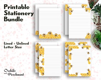 Stationery Honey Bees Bundle - Letter Writing Paper - Letter Size 8.5x11 - Lined Unlined - Printable - Instant Download PDF