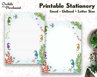 Briefpapier Ocean Life Seahorse - Brief schrijfpapier - Letter-formaat 8,5x11 - Gevoerd Ongevoerd - Afdrukbaar - Instant Download PDF