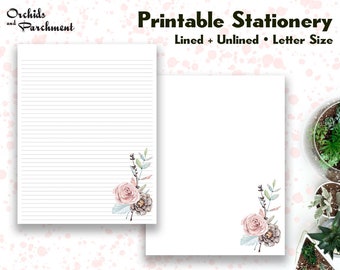 Stationery Pink Rose - Letter Writing Paper - Letter Size 8.5x11 - Lined Unlined - Printable - Instant Download PDF