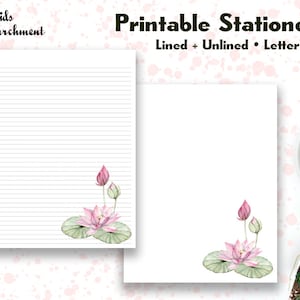 Papelaria Lotus Lily Pads - Papel para escrever cartas - Tamanho carta 8,5x11 - Forrado sem forro - Papel para notas - Para impressão - Download instantâneo de PDF