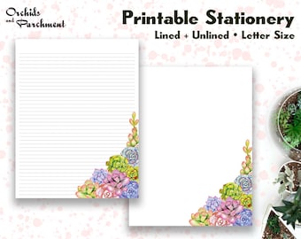 Stationery Succulent Corner - Letter Writing Paper - Letter Size 8.5x11 - Lined Unlined - Notepaper - Printable - Instant Download PDF