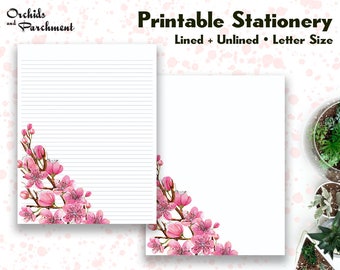 Stationery Cherry Blossoms Corner - Letter Writing Paper - Letter Size 8.5x11 - Lined Unlined - Notepaper - Printable - PDF Download