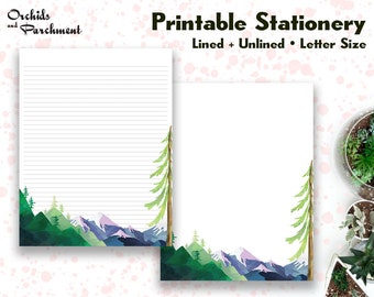 Stationery Forest Mountains Base - Letter Writing Paper - Letter Size 8.5x11 - Lined Unlined - Printable - Instant Download PDF