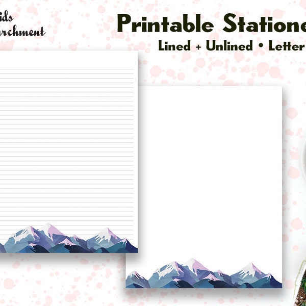 Stationery Snow Capped Mountains - Letter Writing Paper - Letter Size 8.5x11 - Lined Unlined - Printable - Instant Download PDF