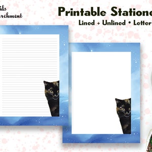 Papelería Space Cat Black - Papel para escribir cartas - Tamaño carta 8.5x11 - Forrado sin forro - Imprimible - Descarga instantánea de PDF
