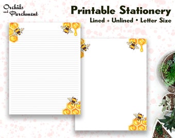 Papeterie Abeilles à miel - Papier à lettres - Format lettre 8,5 x 11 - Doublé sans doublure - Imprimable - Téléchargement instantané PDF