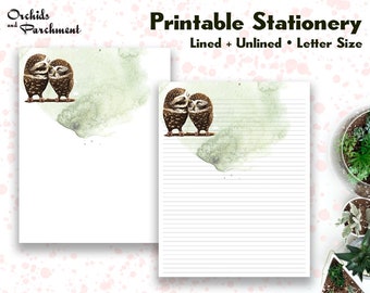 Stationery Owls - Letter Writing Paper - Letter Size 8.5x11 - Lined Unlined - Printable - Instant Download PDF