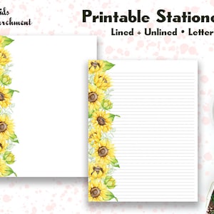 Stationery Sunflowers Side - Letter Writing Paper - Letter Size 8.5x11 - Lined Unlined - Notepaper - Printable - Instant Download PDF