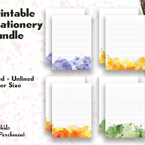 Stationery Watercolour Splash Bundle - Letter Writing Paper - Letter Size 8.5x11 - Lined Unlined - Printable - Instant Download PDF