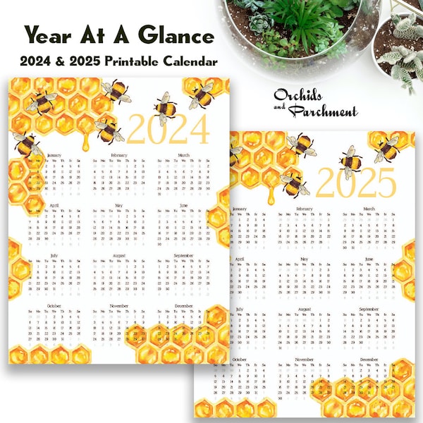 Year At A Glance Calendar Honey Bees - 2024 - 2025 - Letter Size 8.5" x 11" - Planner - Printable - Instant Download PDF