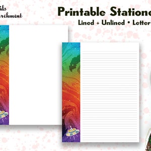 Papelería Space Rainbow UFO - Papel para escribir cartas - Tamaño de carta 8.5x11 - Forrado sin forro - Imprimible - Descarga instantánea de PDF
