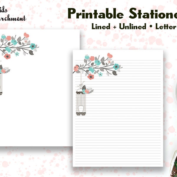 Stationery Bird Cage Branch - Letter Writing Paper - Letter Size 8.5x11 - Lined Unlined - Printable - Instant Download PDF