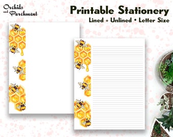 Stationery Honey Bees Side - Letter Writing Paper - Letter Size 8.5x11 - Lined Unlined - Printable - Instant Download PDF