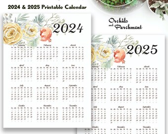 Year At A Glance Calendar Winter Floral - 2024 - 2025 - Letter Size 8.5" x 11" - Planner - Printable - Instant Download PDF