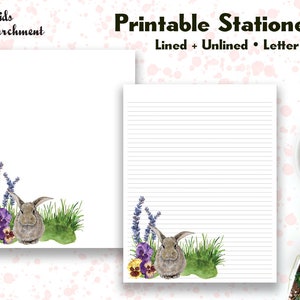 Stationery Bunny Lavender - Letter Writing Paper - Letter Size 8.5x11 - Lined Unlined - Printable - Instant Download PDF