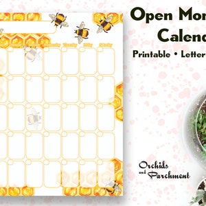 Open Calendar Honey Bees Portrait - Letter Size 8.5" x 11" - Planner - Blank Month Calendar - Printable - Instant Download PDF