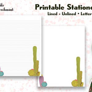 Papelería Desert Cactus - Papel para escribir cartas - Tamaño carta 8.5x11 - Forrado sin forro - Imprimible - Descarga instantánea de PDF