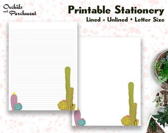 Papelería Desert Cactus - Papel para escribir cartas - Tamaño carta 8.5x11 - Forrado sin forro - Imprimible - Descarga instantánea de PDF
