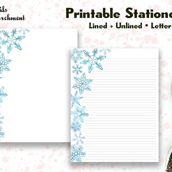 Stationery Watercolour Snowflakes - Letter Writing Paper - Letter Size 8.5x11 - Lined Unlined - Printable - Instant Download PDF