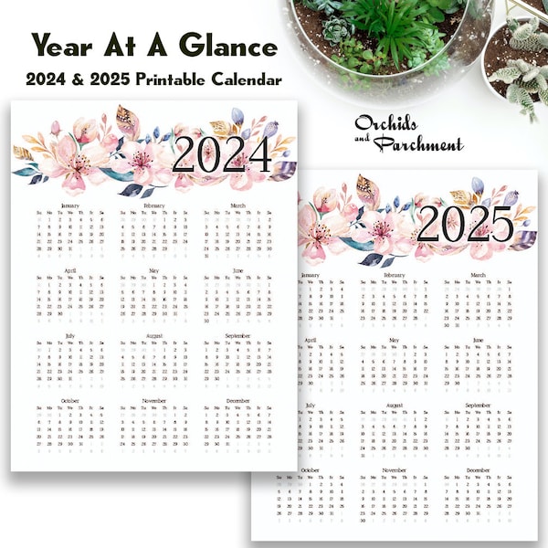 Year At A Glance Calendar Bohemian Love - 2024 - 2025 - Letter Size 8.5" x 11" - Planner - Printable - Instant Download PDF