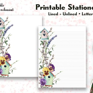 Stationery Spring Pansies Bird Houses - Letter Writing Paper - Letter Size 8.5x11 - Lined Unlined - Printable - Instant Download PDF