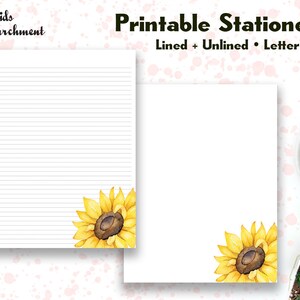 Stationery Sunflower - Letter Writing Paper - Letter Size 8.5x11 - Lined Unlined - Printable - Instant Download PDF