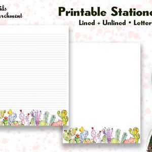 Papelería Doodle Cactus - Papel para escribir cartas - Tamaño de carta 8.5x11 - Forrado sin forro - Papel de notas - Imprimible - Descarga instantánea de PDF